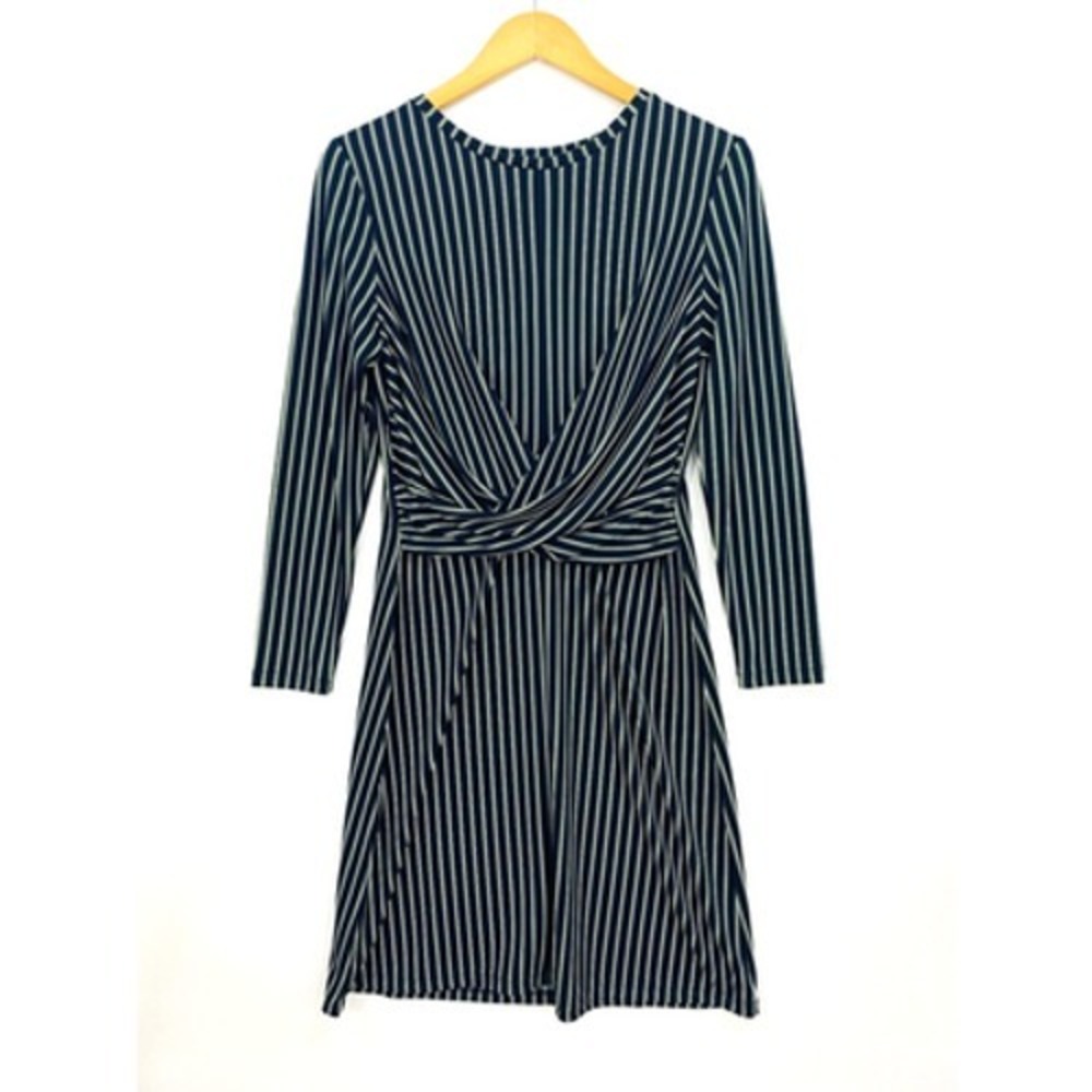 ANN TAYLOR Womens Midi Dress Petite 10P Blue Green Stripe Sheath 3/4 Sleeve Chic